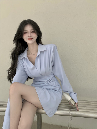 Real price and real shooting Korean version close waist thin long sleeved shirt dress pleated light blue skirt