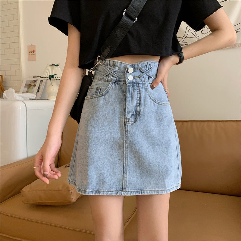 Summer Korean version ins design sense high waist denim short skirt for women showing thin A-line skirt for students