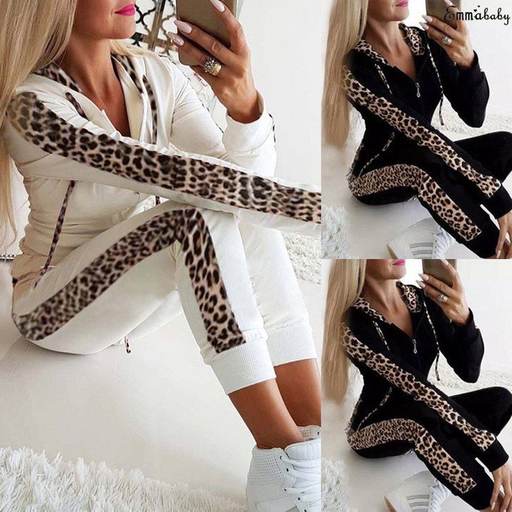 Leopard Print Long sleeve pocket Plush print zipper Hoodie pants autumn and winter women's suit