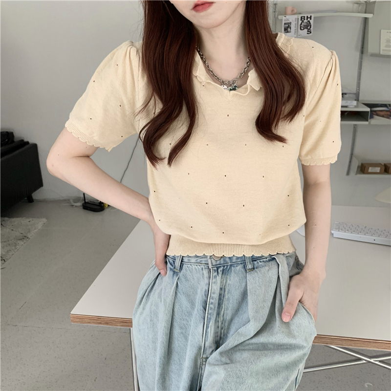 Real price summer sweet solid lace collar T-shirt bubble sleeve short sleeve top