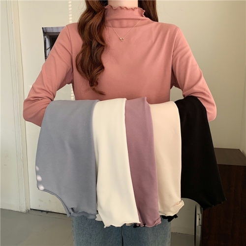 Real video half high collar bottomed shirt women's inner layer with spring and autumn thin velvet fungus edge top middle collar Long Sleeve Shirt