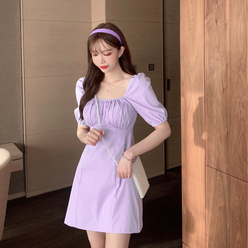 Platycodon grandiflorum skirt French first love waist dress women 2020 new purple square collar summer skirt