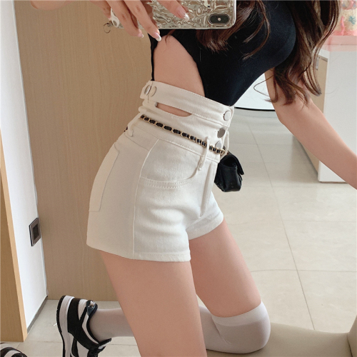Real price! Design sense high waist hollow hot pants fashionable women's new breasted slim shorts