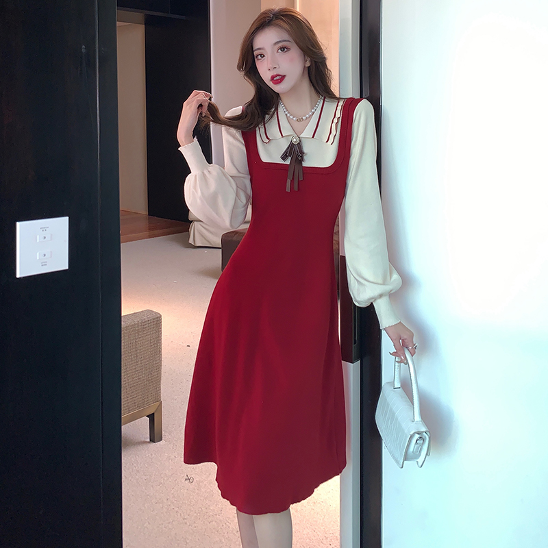 French knitted waist closing dress women's new autumn 2021 small man fake two pieces of small fragrance