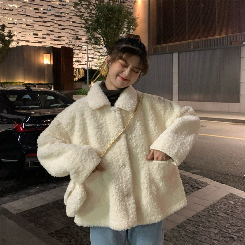 2019 new winter Korean loose polo collar imitation lamb Plush ins long sleeve sweater female student coat fashion