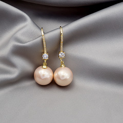 Korean exquisite zircon large pearl earrings long French simple elegant commuting Earrings