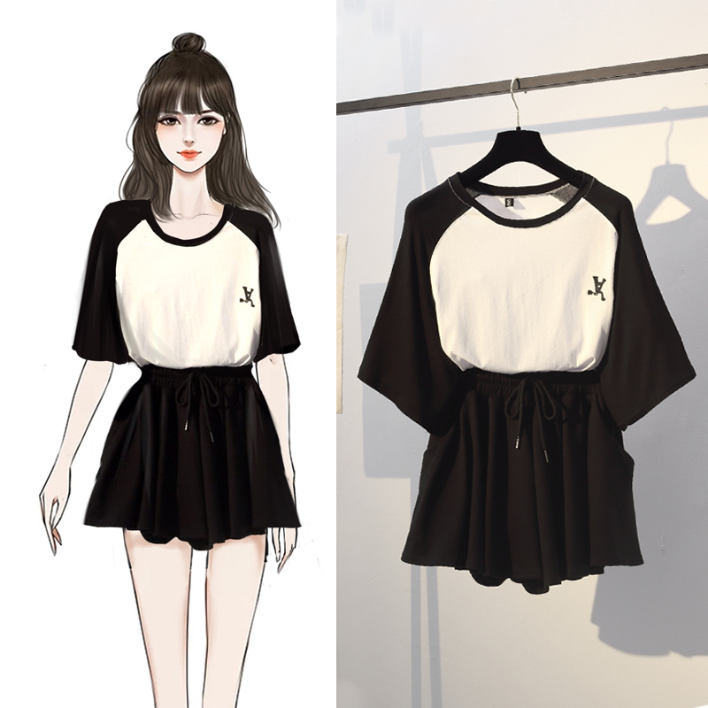 Big size women's fat mm summer dress foreign style show thin Shorts Set fat sister cover belly hide meat age reduction two piece set
