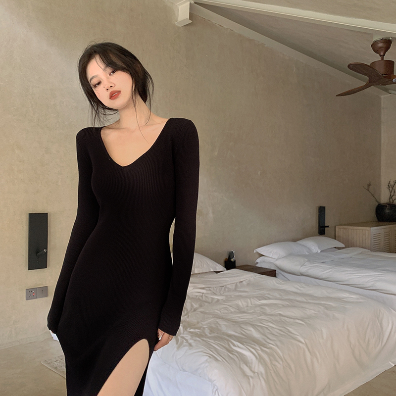 Real price long sleeve split high waist dress women's slim wrap hip long skirt knitted hollow one-step skirt