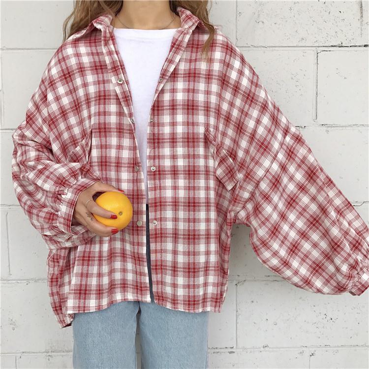 Autumn long sleeve top women Korean fashion loose all over the original room of ulzang BF lattice shirt student coat