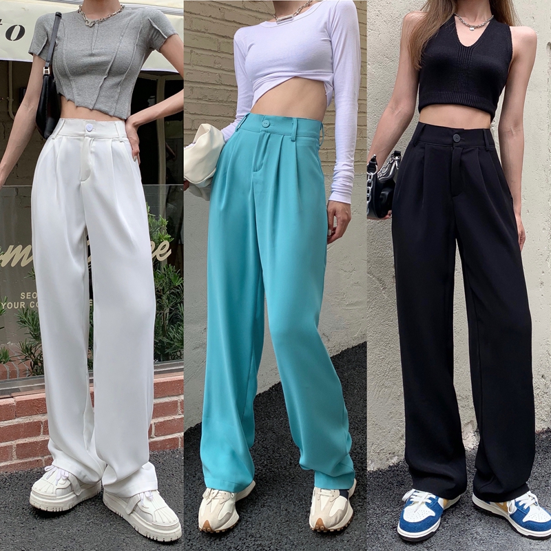 Real shot hong kong style high waist suit pants loose straight tube show thin summer thin drop feeling floor pants casual white wide leg pants