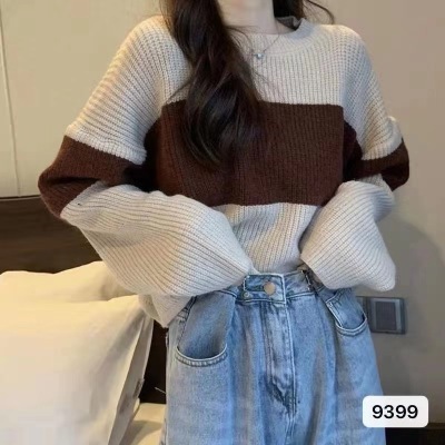 Sweater women's loose outer wear autumn and winter new lazy retro harbor stripe long sleeve sweater short top