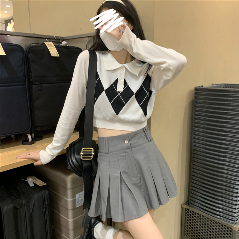 Real shooting and real price American retro rhomboid color blocking polo collar short long sleeve Knitted Top