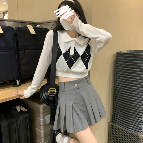 Real shooting and real price American retro rhomboid color blocking polo collar short long sleeve Knitted Top