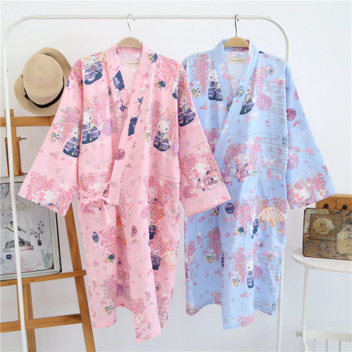 Japanese style spring and summer thin cotton gauze Nightgown cardigan long nightdress cotton women's double kimono bathrobe sweat steaming suit