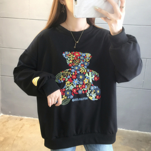 Embroidered bear sweater women's spring and autumn new round neck loose large women's thin top fashion