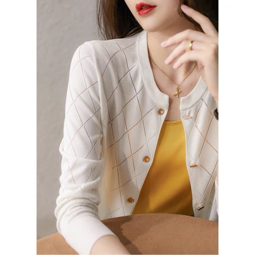 Xiaohan Pavilion gold button diamond thin mulberry silk knitted air conditioner cardigan thin women