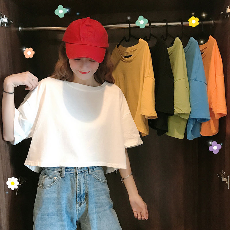 Summer Korean loose ins simple solid color short white short sleeve T-shirt girl student BF half sleeve T-shirt fashion