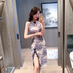 Real shot new sexy retro slim cheongsam sleeveless modified split mid length buttocks dress