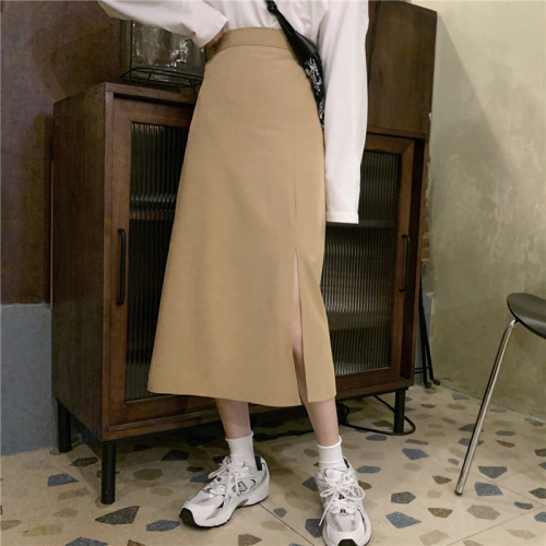 Real price! Temperament Khaki split skirt, elastic high waist, thin medium and long A-line skirt