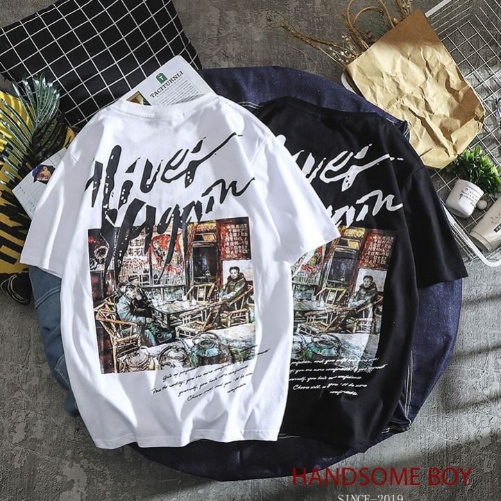 Ins summer fashion retro print short sleeve trendy men's loose T-shirt youth retro student couple's top Hong Kong style man