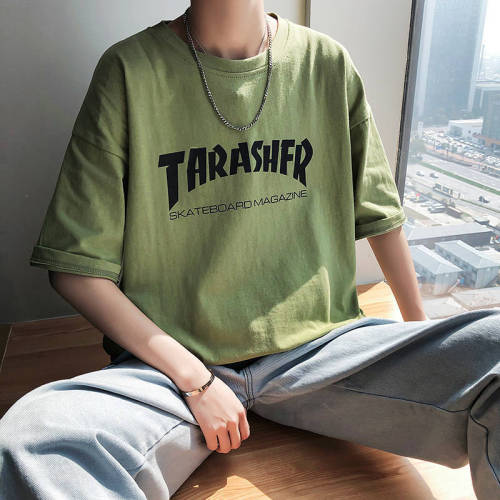 Summer loose quarter sleeve t-shirt men's Korean Short Sleeve youth students five sleeve boys trend green top