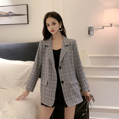 Autumn and winter 2021 Korean retro women's dress Lapel thin temperament lattice small suit coat