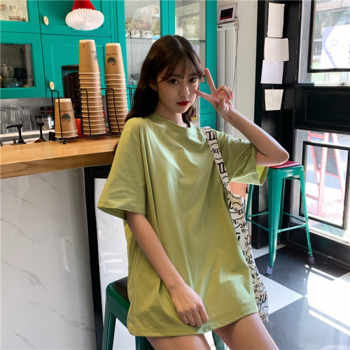 10 colors 4 sizes cotton simple foundation solid color Korean loose round neck short sleeve T-shirt women's medium long