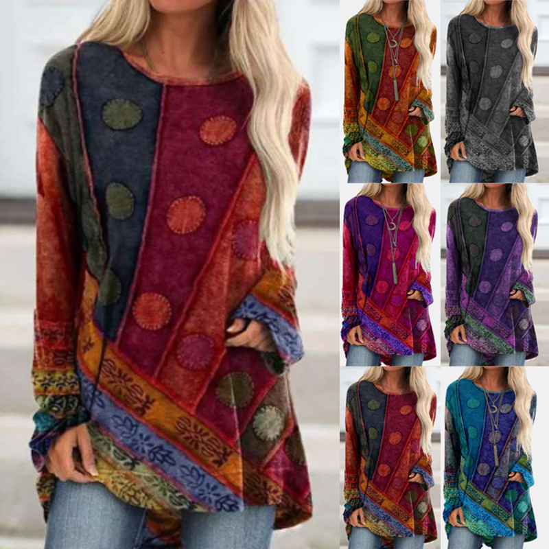European and American women's clothing Amazon national style printing loose long sleeve large size fashion sweater