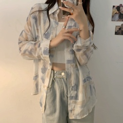 Real price retro contrast Chiffon print loose casual sunscreen shirt top Korean jacket