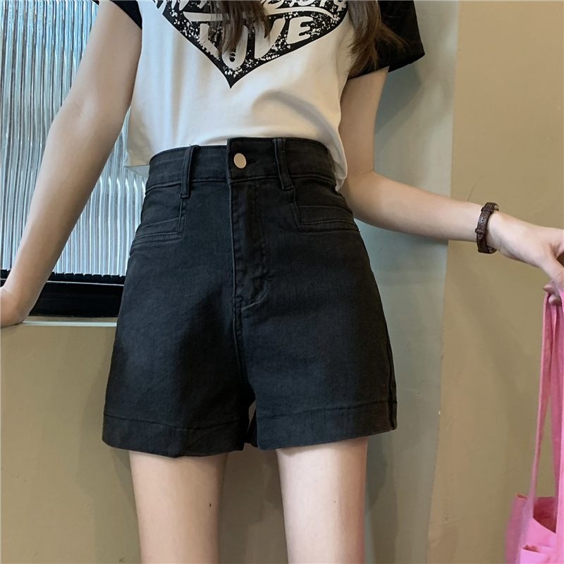 Real price retro versatile charcoal black denim shorts Korean high waist thin sweet cool wide leg hot pants