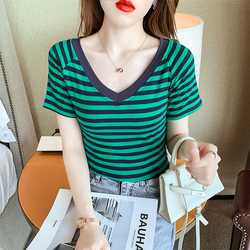 2021 summer Korean New Women's striped V-neck slim and versatile cotton half sleeve short sleeve T-shirt