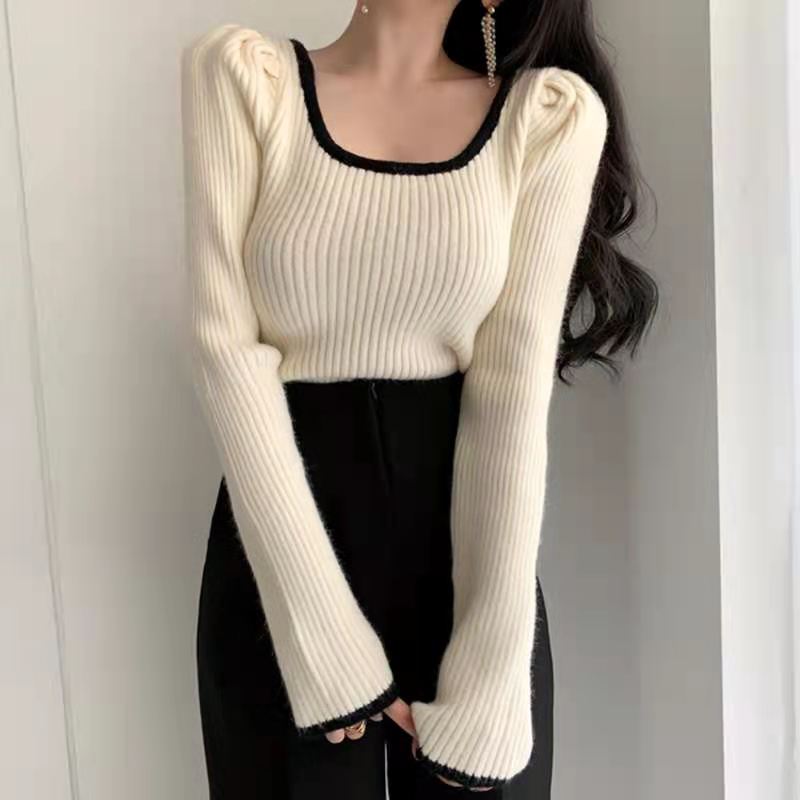 Korean ins retro white blue U-neck sweater thin bubble sleeve long sleeve blouse women