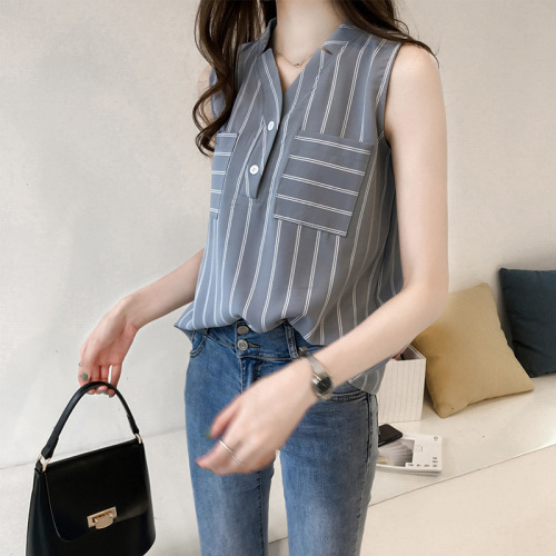 Summer 2021 new Korean large V-neck striped shirt women's sleeveless top loose and thin Chiffon lining
