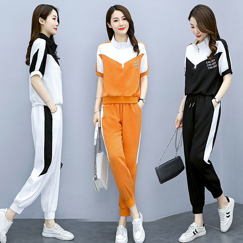 Sportswear women's summer 2021 new fashion color contrast splicing suit leisure sports age reduction two piece suit