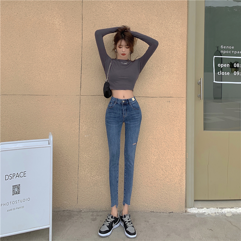 Real price! Blue jeans Korean version perforated high waist tight slim elastic Leggings