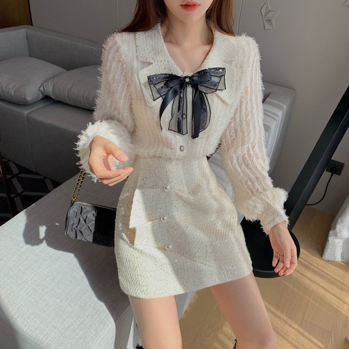 Real shooting small fragrance romantic Su sweet bow top suit skirt Retro High Waist careful machine slim skirt