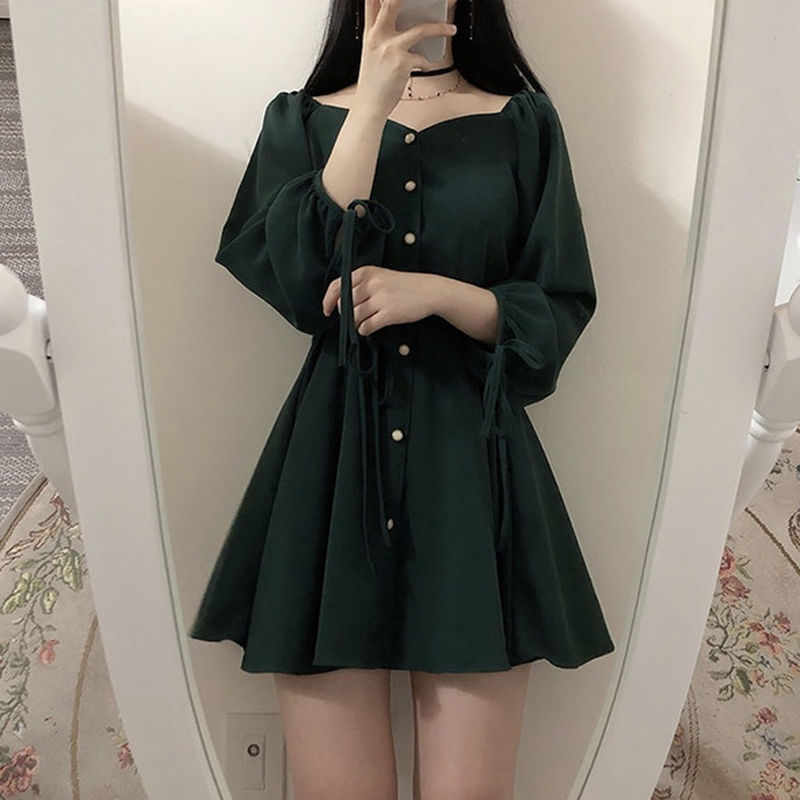 Spring Korean chic retro French style foreign style aging dark elegant single breasted waist with thin bubble sleeves