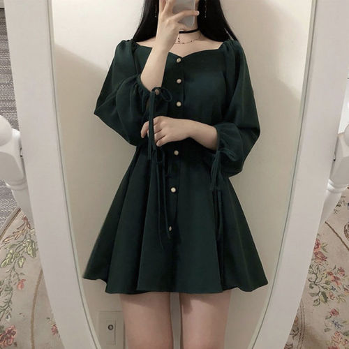 Spring Korean chic retro French style foreign style aging dark elegant single breasted waist with thin bubble sleeves