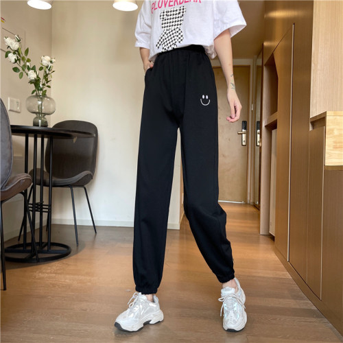 Real photo fish scale 2021 smiling face embroidered loose legged casual pants for women