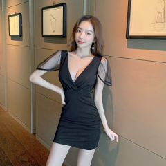 Real shot mesh sleeve deep V tight buttock dress