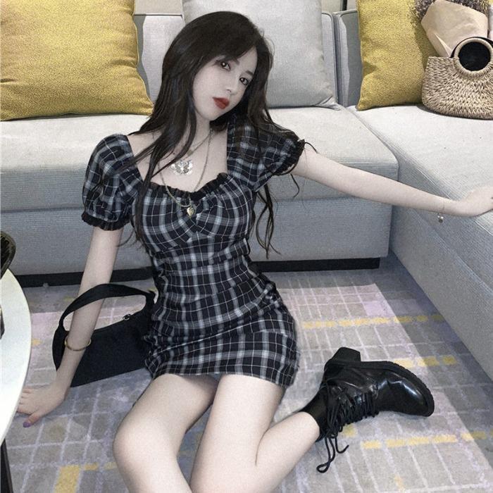 Retro Korean foam sleeve mesh Plaid Dress women's summer new style style Hepburn waist A-line skirt