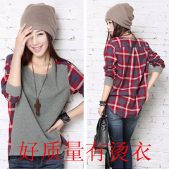 Autumn new Korean women's loose round neck spliced Plaid long sleeve large bottomed shirt
