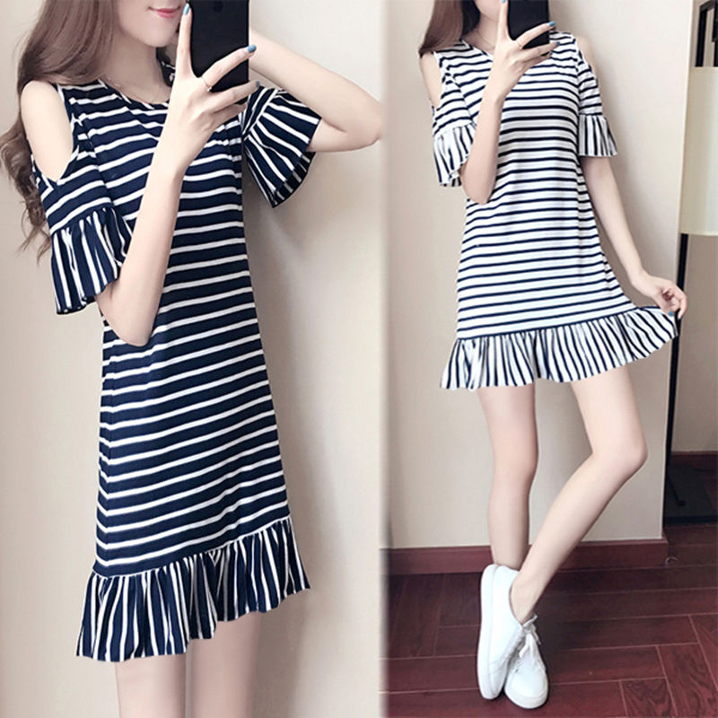 2020 summer new Korean Short Sleeve Ruffle Dress loose and thin A-line fishtail stripe skirt female student