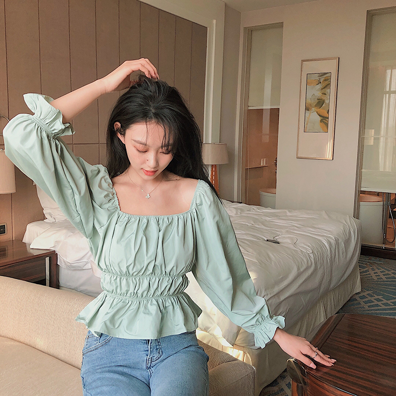 Real photo real price spring new one shoulder blue foam shirt girl