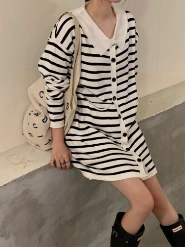 New real price super thick Striped Polo knitted pocket dress single breasted sweater long sleeve middle skirt