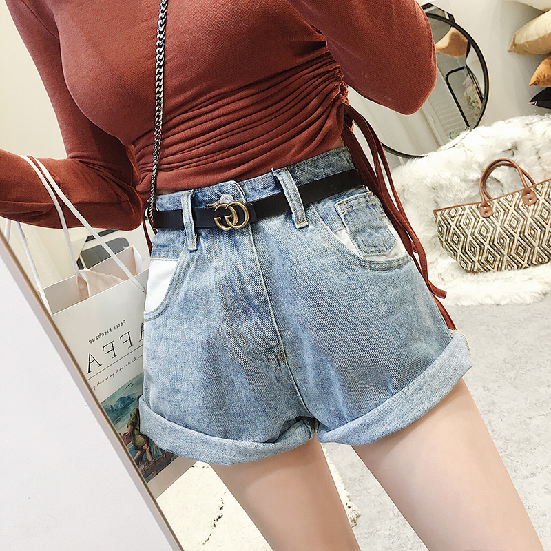 Spring and summer new Korean denim shorts women's high waist A-line curly edge color matching double pockets wide leg hot pants trend