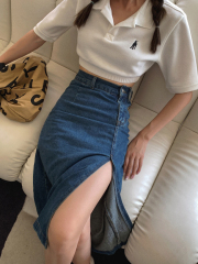 Women's high waist and thin split length blue slim skirt 2021 Xiaxin