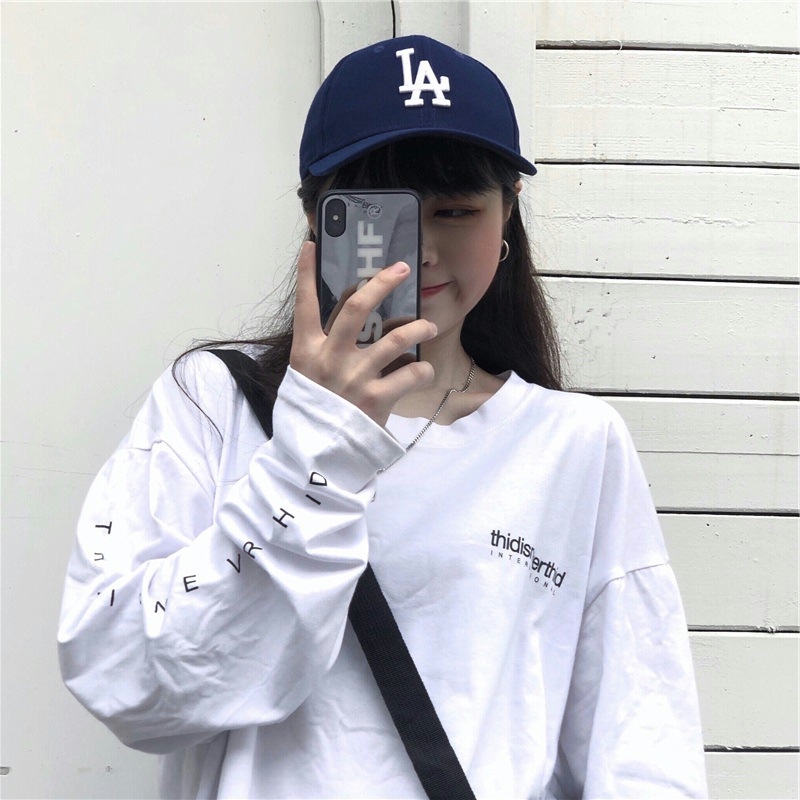 Harajuku Fengwang red letter long sleeve t-shirt female 2021 autumn new loose medium and long student base