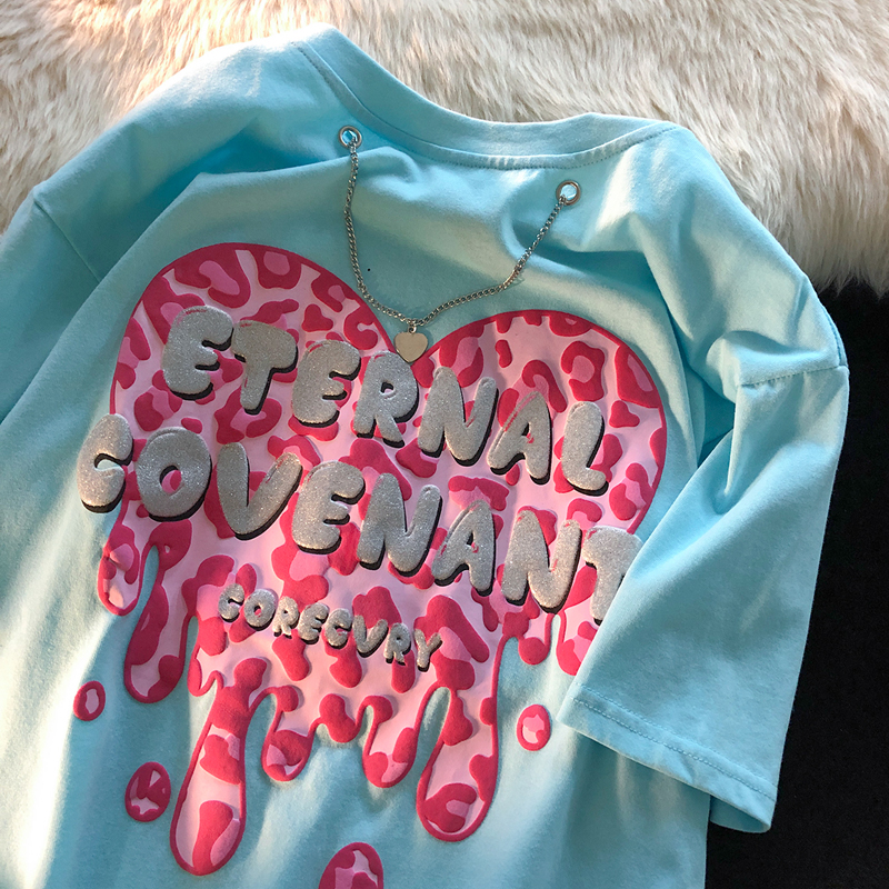 Summer short sleeve T-shirt women's mid length foam printing