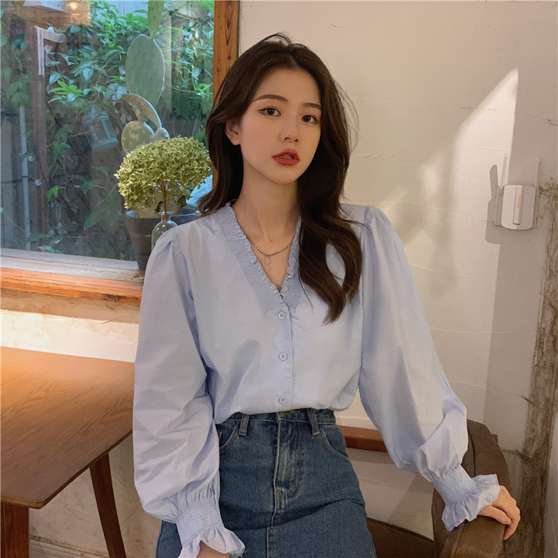 Real price autumn new Korean pleated fungus edge bubble sleeve shirt